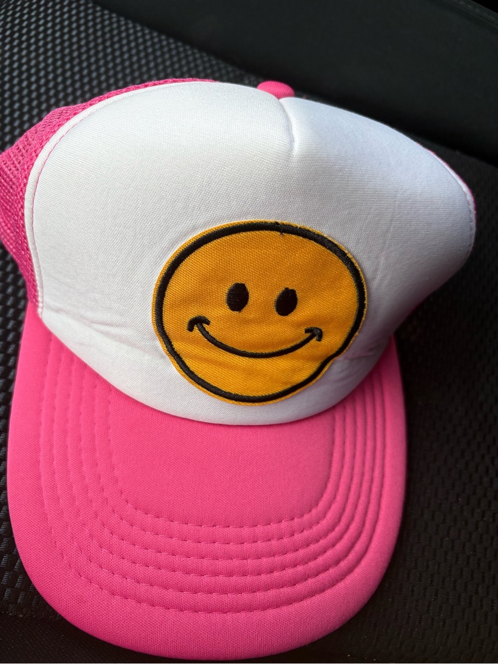 Pink White Smiley Face Trucker Hat Mesh Snapback Y2K